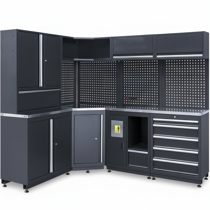 CORNER TOOL CABINET AND METAL TOOLBOX 68IN + 85IN