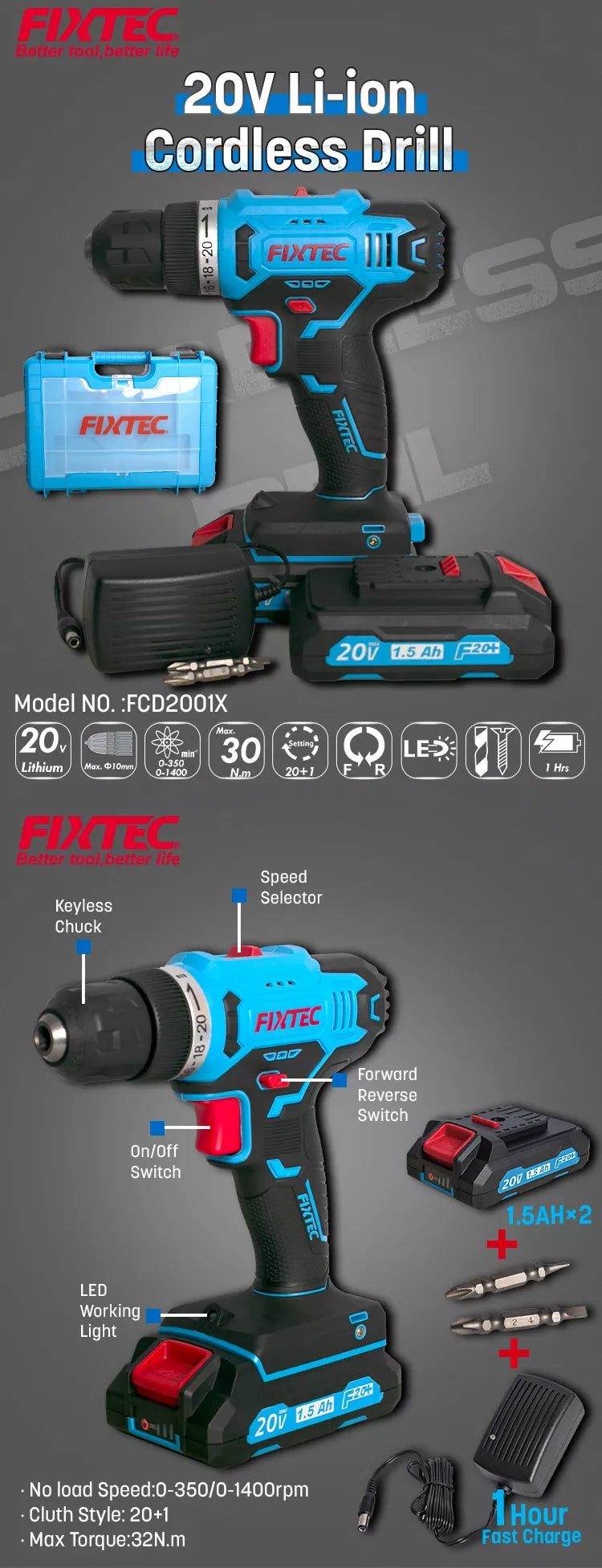 CORDLESS DRILL 3/8" 20V