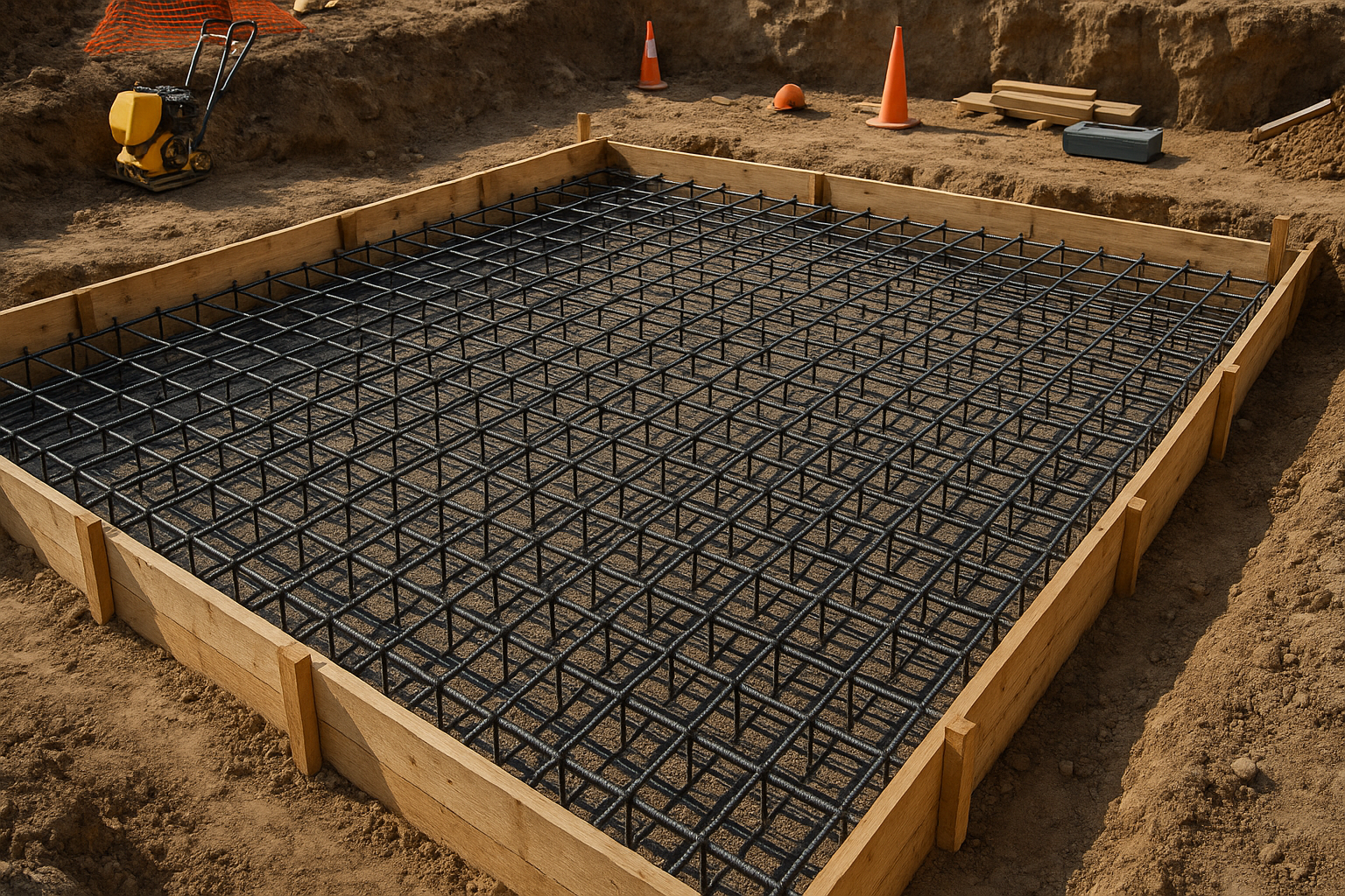 Rebar in foundation before concrete is poured in.