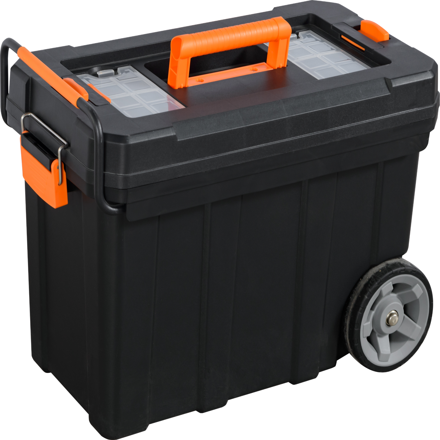 Black toolbox with orange handles and wheels on a white background