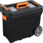 Black toolbox with orange handles and wheels on a white background